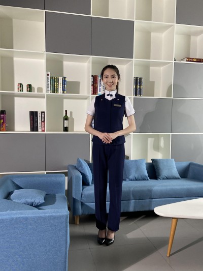 BD-MO-090   訂購馬甲前台制服    設計時尚領口   舒適   端莊   修身  抗皺 有型 透氣 真人試穿 模特示範   前台制服工廠 後面照